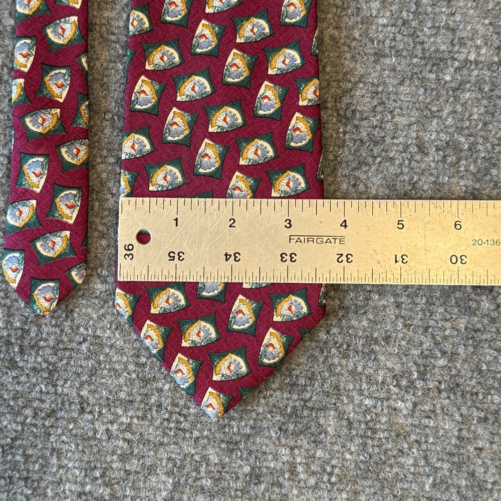 Chaps Ralph Lauren Mens Silk Tie Burgundy Green Geometric‎ Medallion USA Made - Picture 6 of 7
